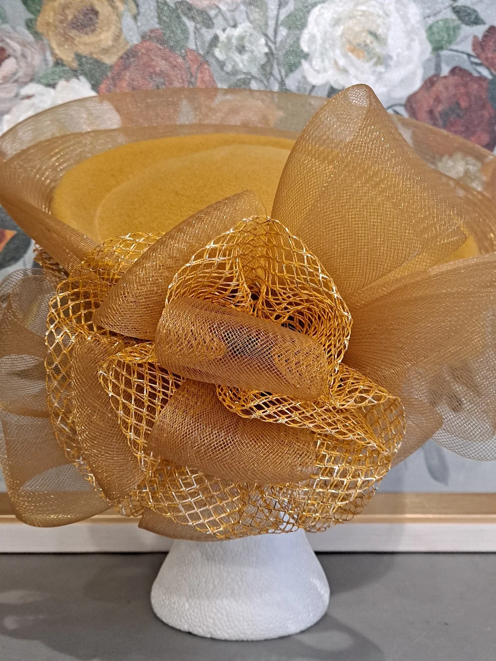 Deborah NY Vintage Wool Gold Fascinator Hat W/Bow Fishnet Mesh Derby High Tea